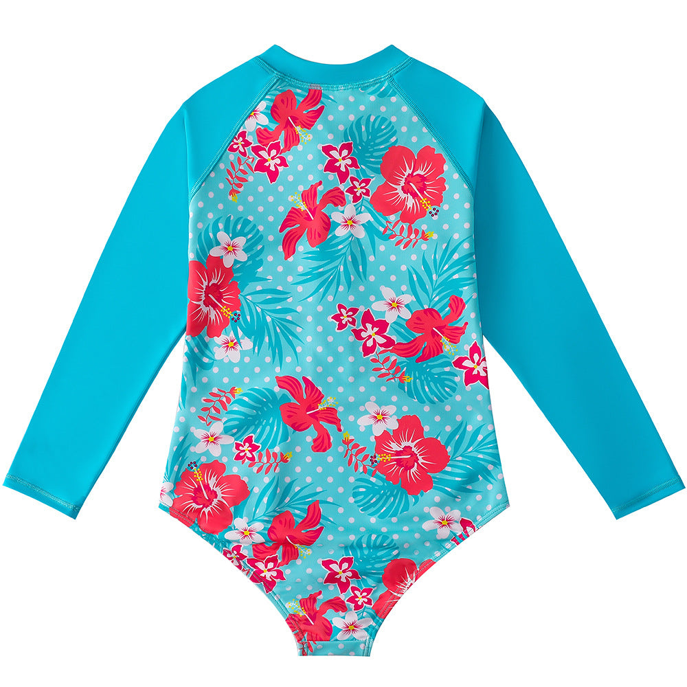 Kid Girls Middle Sunscreen Swimsuit Long-sleeved One-piece Swimwear
