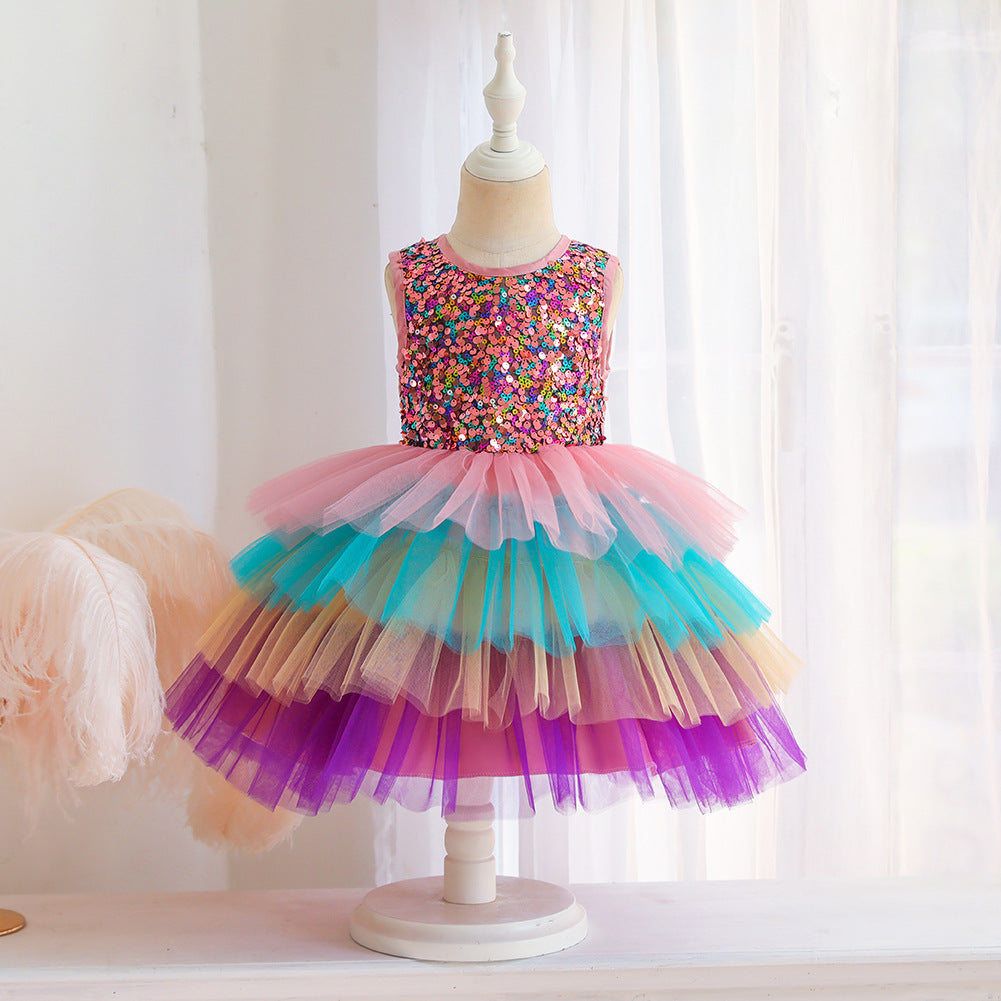Kid Baby Girl Puffy Princess Colorful Sequins Layer Color Dresses