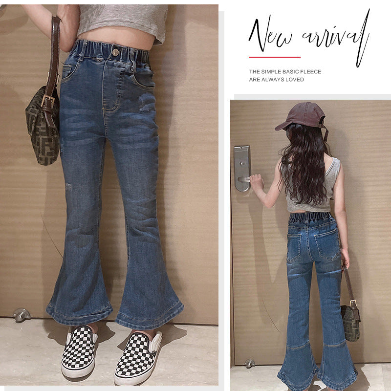 Kid Girl Teenage Jeans Spring Fashion Retro Versatile Slim Blue Denim Flared Pants