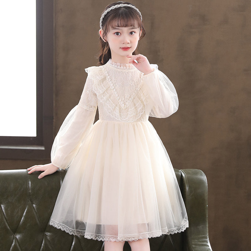 Kid Baby Girl Pearl Lace Gauze Princess Long Sleeve Dresses