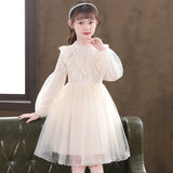 Kid Baby Girl Pearl Lace Gauze Princess Long Sleeve Dresses