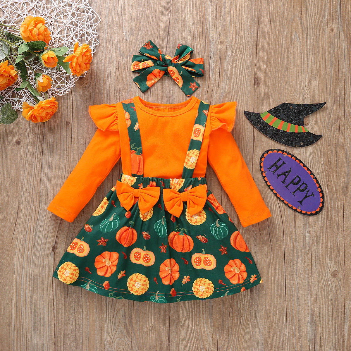 6M-5Y Kid Baby Girl Long Sleeve Round Neck Pumpkin Halloween 2 Pcs Sets