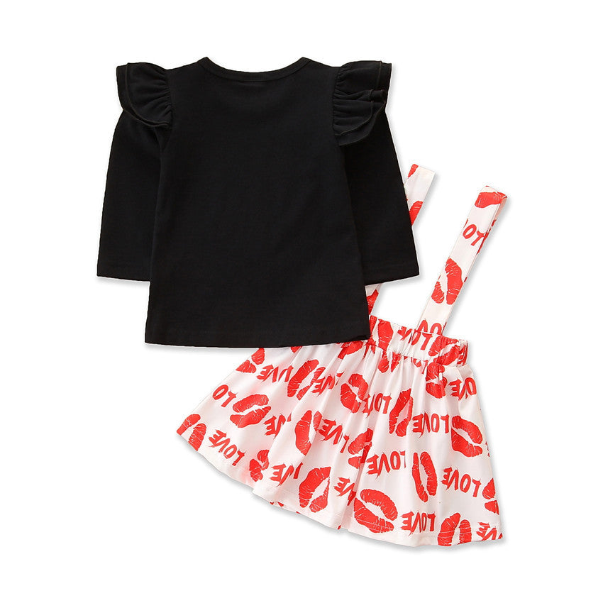 Baby Toddler Girls Valentine's Day Suit Black Fly Sleeve 2 Pcs Sets
