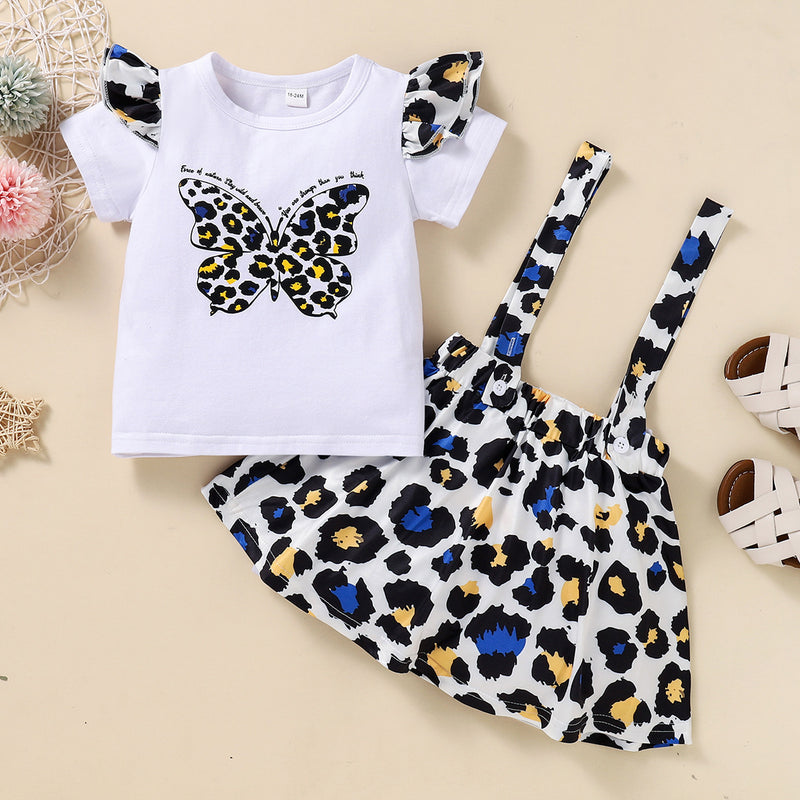 Kid Baby Girl Butterfly Leopard Print Suspenders 2 Pcs Sets
