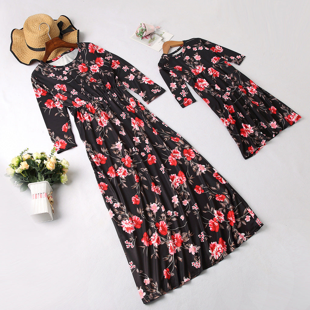Family Matching Mother Daughter Long Sleeve Flower Print Dresses
