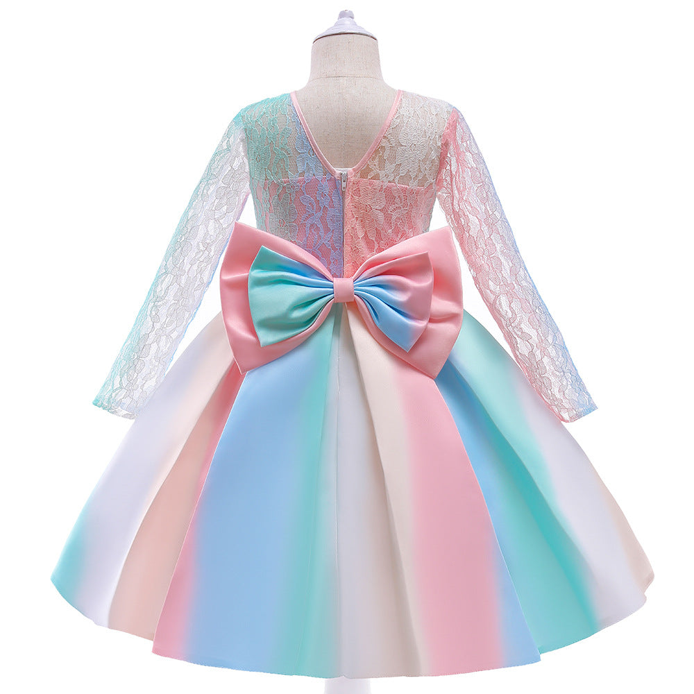 Kid Girl Christmas Gradual Long Sleeve Bow Lace Dress