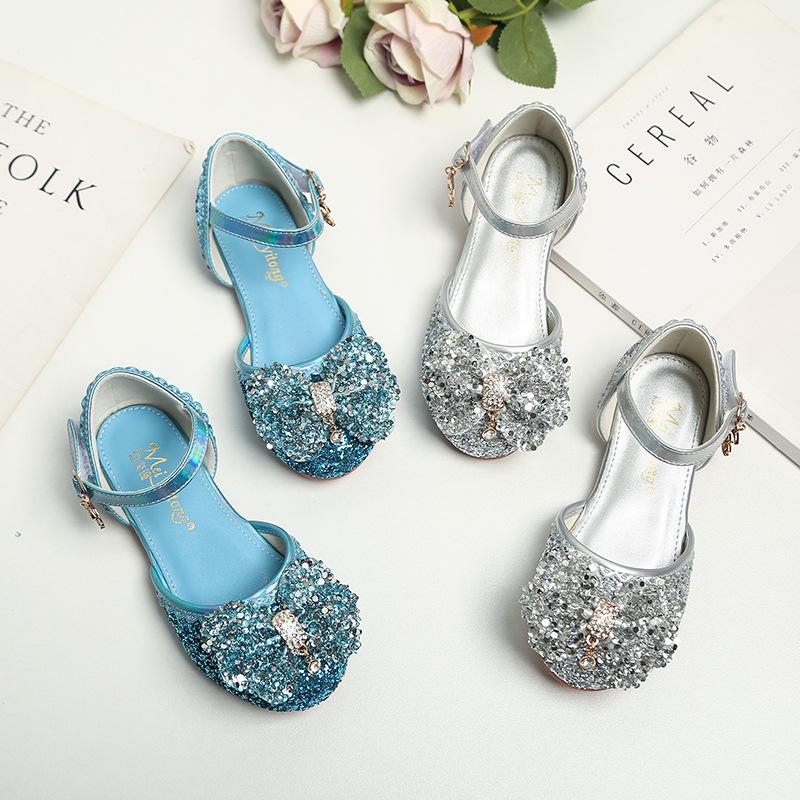 Girl Leather Shoes with Rhinestone Sequined Princess Shoes