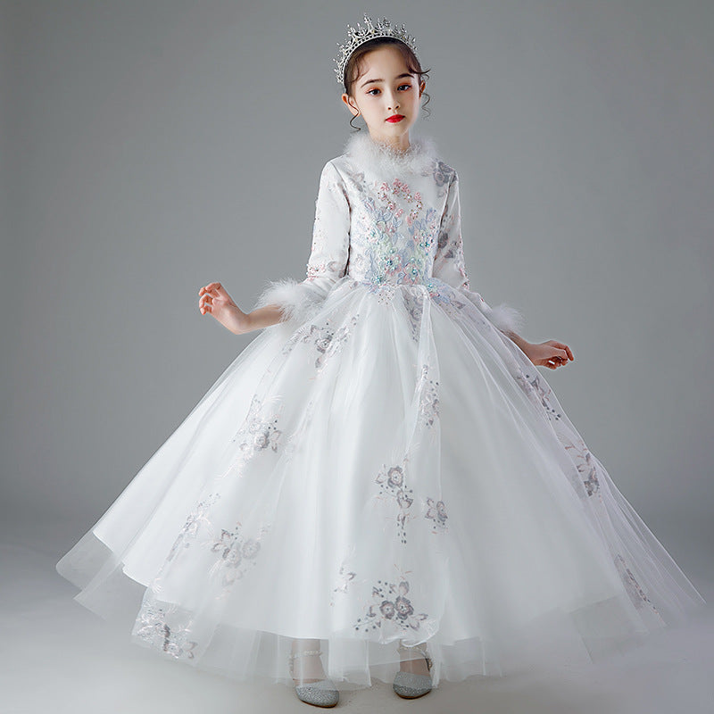 Kid Girls Plush Thickened Flower Wedding Dresses