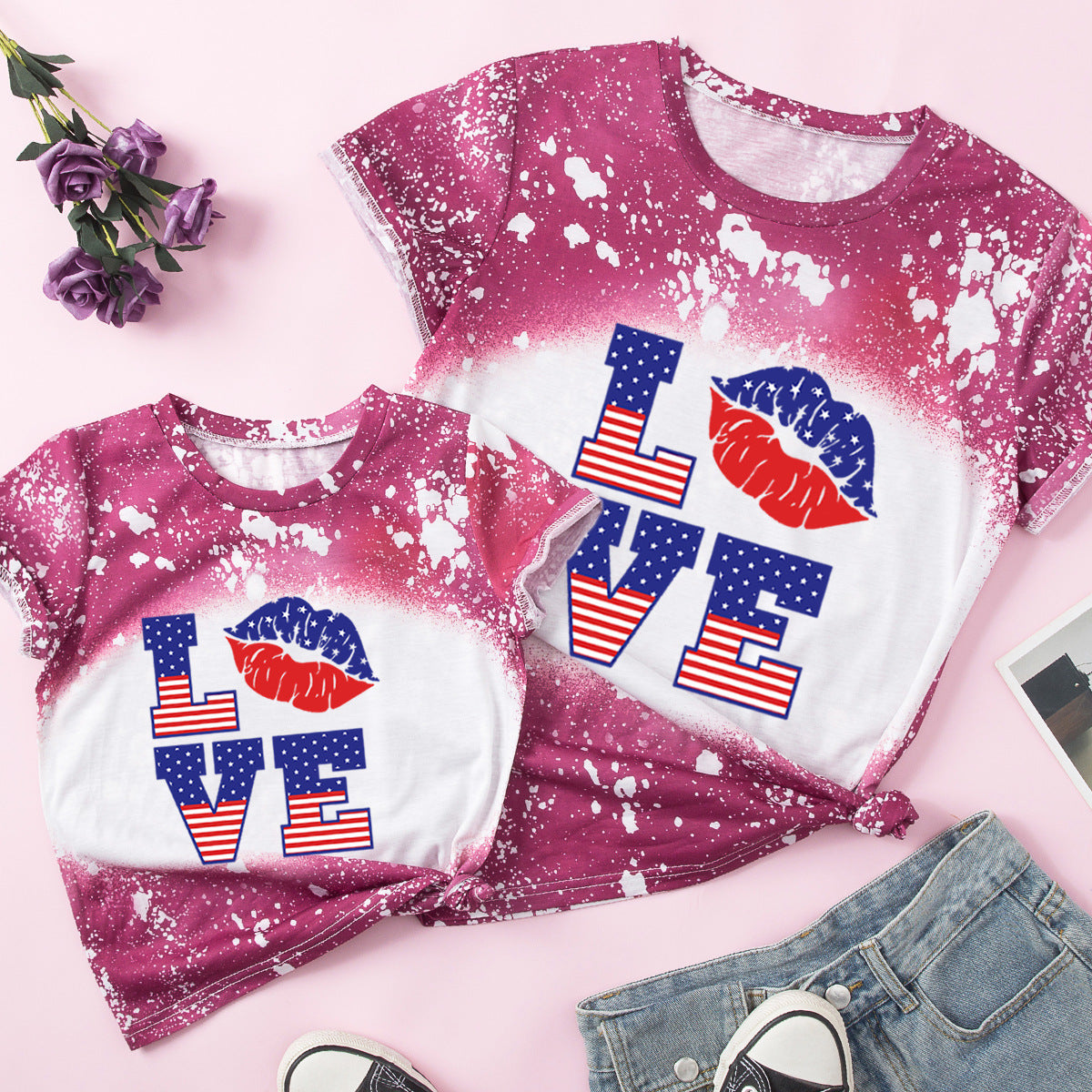 Family Matching Mother Daughter Short Sleeves Independence Day Cotton T-shirt