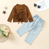 Kid Baby Girl Long Sleeve Solid Knit  Denim Fashion Outfits 2 Pcs Sets