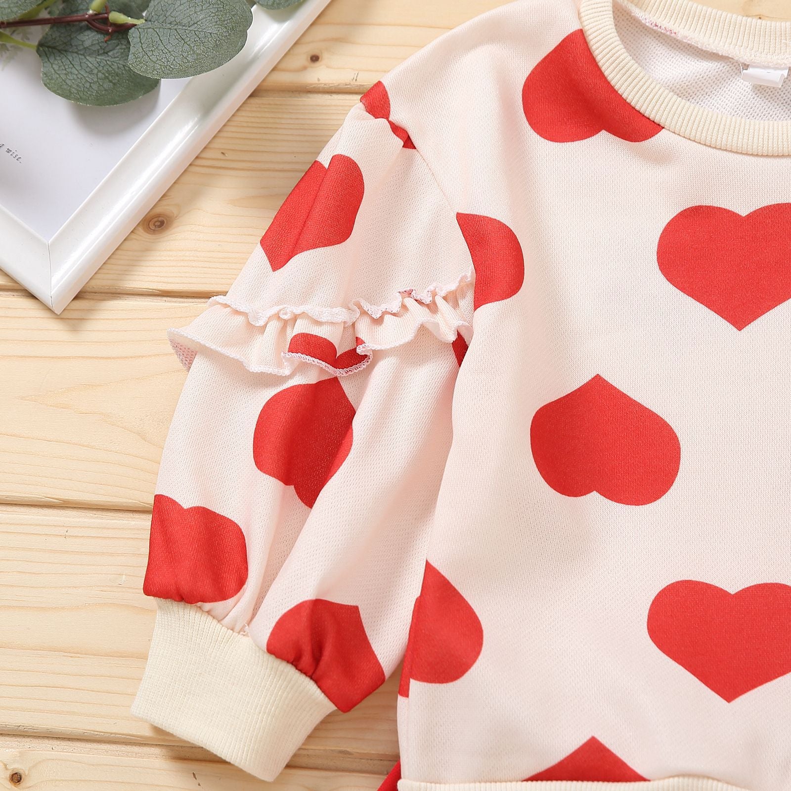 Girl Valentine's Day Autumn Dress Heart Printed Long Sleeves Pleated Sets 2 Pcs