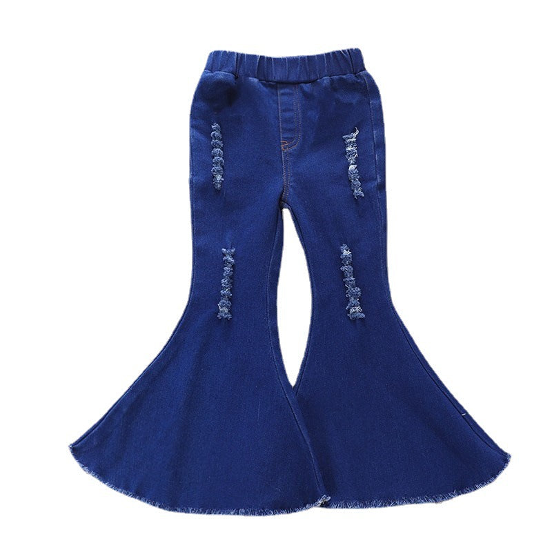 Kids Baby Girls Denim Trousers Ripped Jeans Flare Bell Bottom Trousers