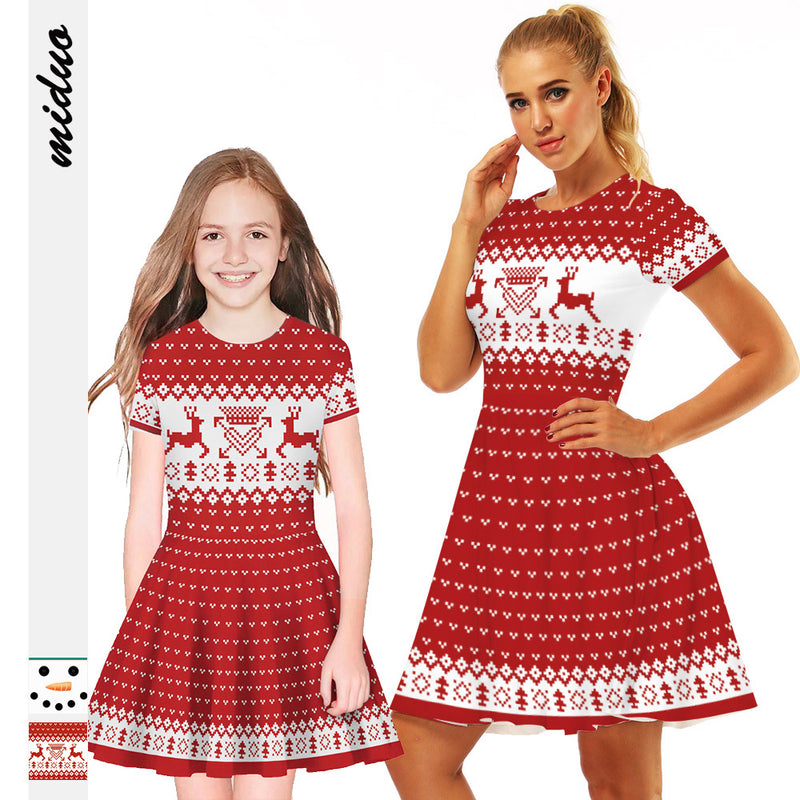 Family Matching Christmas Elk Digital Printing Parent-child Short Sleeve Dress