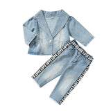 Kid Baby Girl Suit Single Breasted Solid Denim Blue 2 Pcs Sets