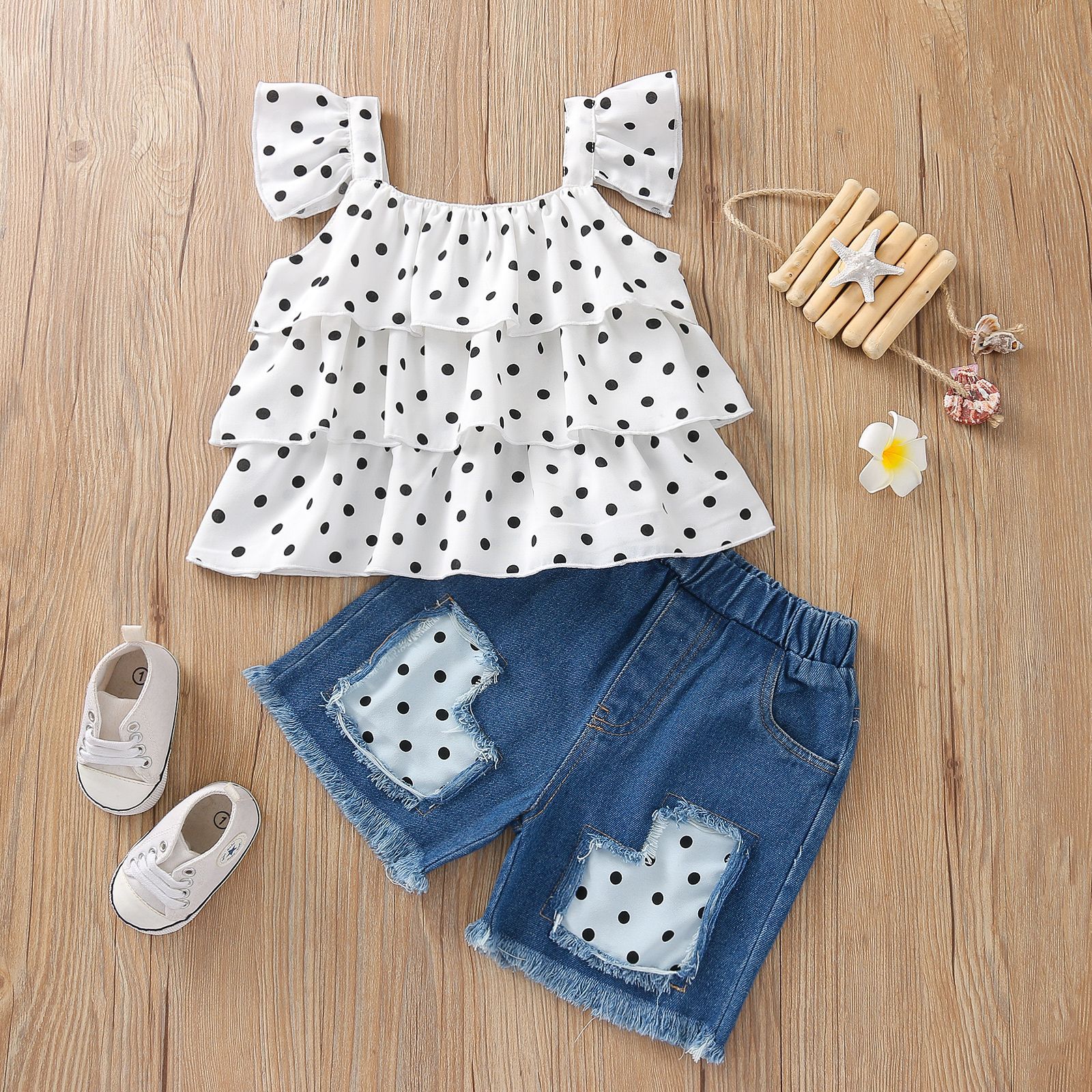Summer Kid Baby Girls Polka Dot Halter Top Jean Shorts 2 Pcs Sets