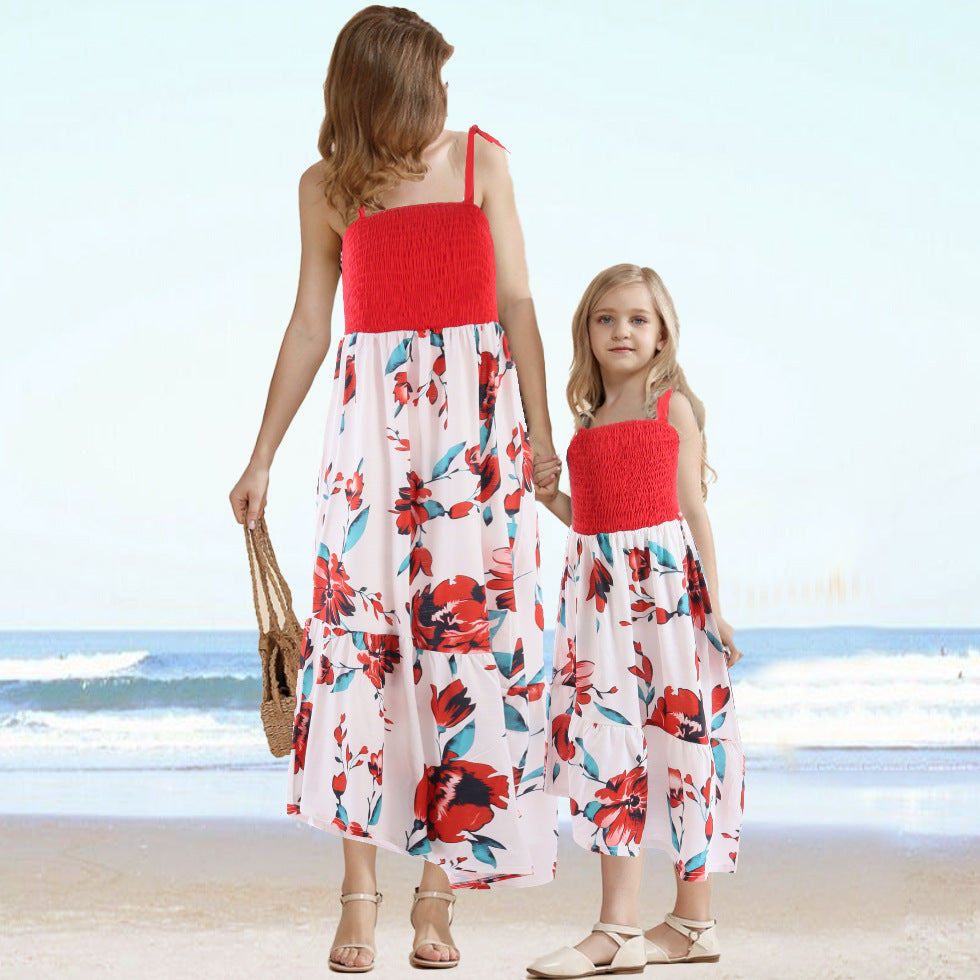 Family Matching Mother Daughter Strap Elasticated Beach Swing Dresses