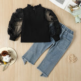 Kid Baby Boy Embroidered Mesh Bubble Sleeve Pearl Hem Jeans 2 Pcs Sets
