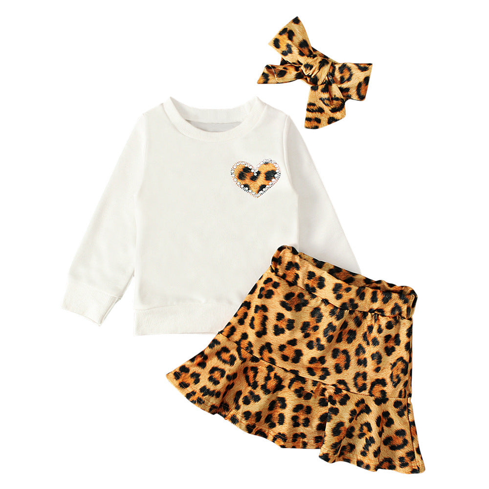 Baby Girls Valentine's Day Long Sleeve Love Leopard Print 3 Pcs Sets