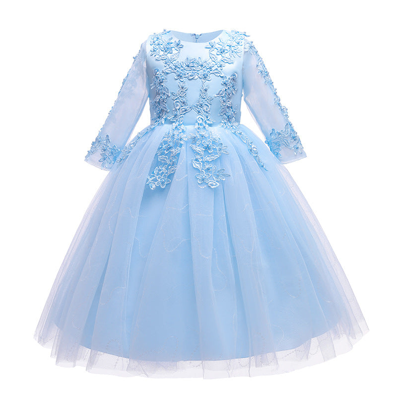 Kid Girl Wedding Pompous Gauze Princess Long Sleeve Sequin Mesh Dresses