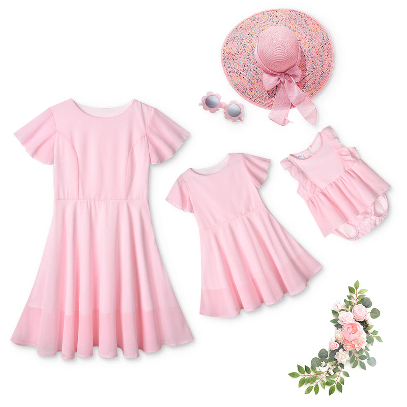 Family Matching Splicing Solid Color Pleated Dresses