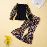 Kids Baby Girls Dot Long Lantern Sleeve Pleated Leopard Set 2 Pcs