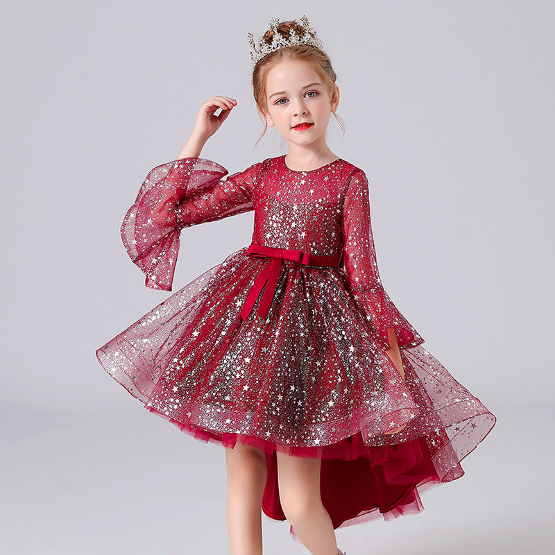 Kid Girl Princess Performance Horn Sleeve Flower Long Tail Dresses