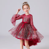 Kid Girl Princess Performance Horn Sleeve Flower Long Tail Dresses