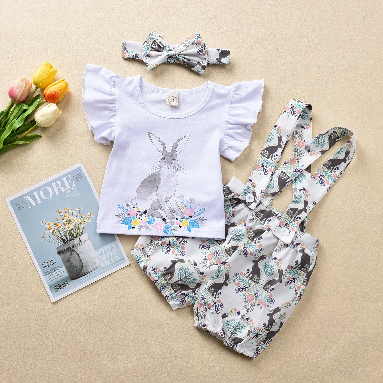 Baby Easter White Rabbit Printed Shorts 3 Pcs Set