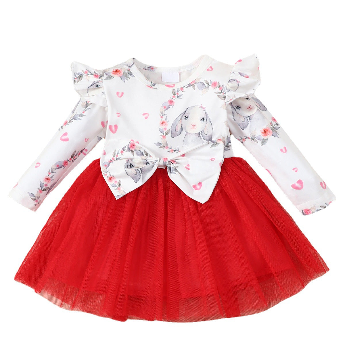 Baby Girl Rabbit Print Big Bow Long Sleeves Spring Dresses