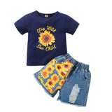 Kid Baby Girl Printed Short Sleeve Sunflower Jeans 2 Pcs Sets