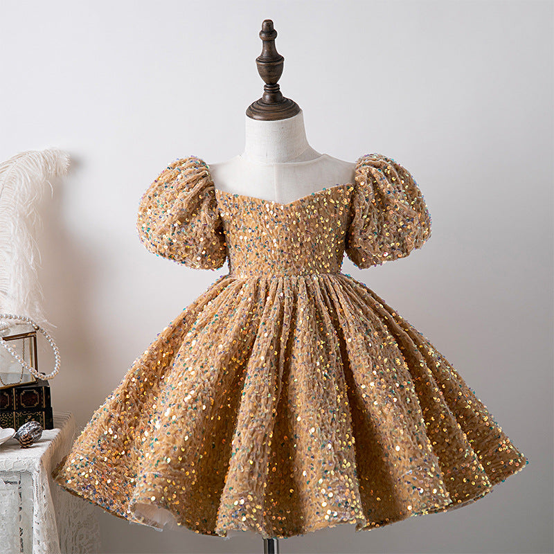 Kid Baby Girl Sequin Bubble Sleeve Princess Performance Dress