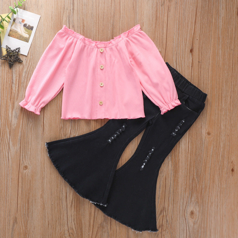 Kid Baby Girls Long Sleeve Jeans Ripped 2 Pcs Sets