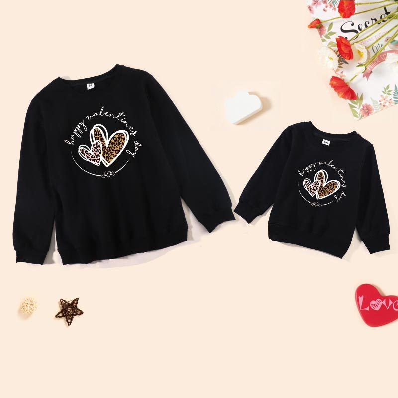 Family Matching Mom Girl Cotton Valentine's Day Lettering Leopard Print Shirts