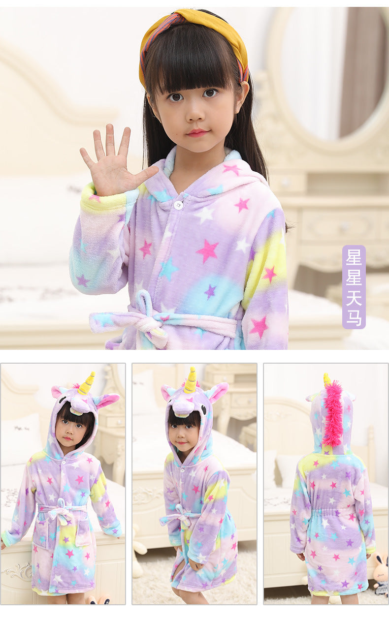 Kid Girl Flannel Pegasus Bathrobe Animal Gown Rainbow Cartoon Pajamas