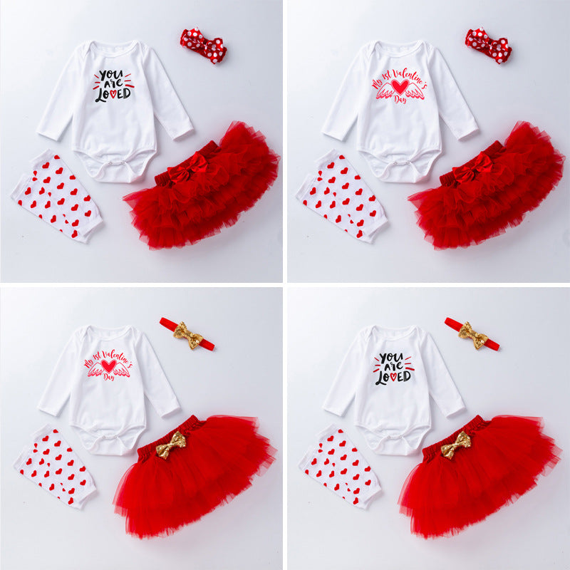 Baby Girl Valentine's Day Long Sleeve Fart Wrap 4 Pcs Set