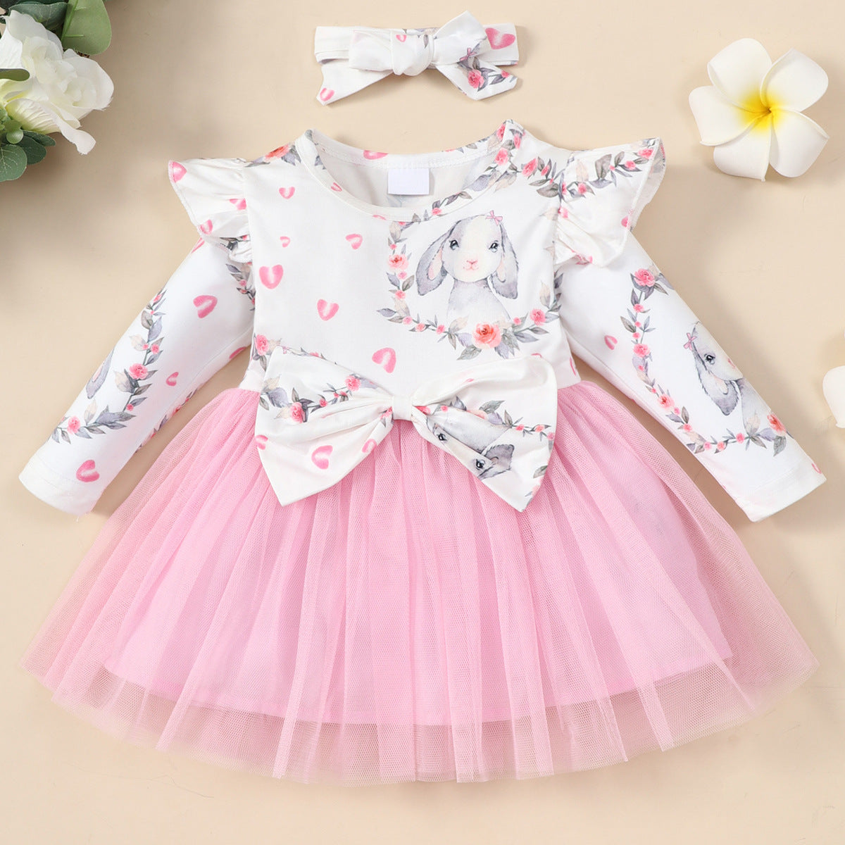 Baby Girl Rabbit Print Big Bow Long Sleeves Spring Dresses