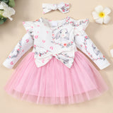 Baby Girl Rabbit Print Big Bow Long Sleeves Spring Dresses