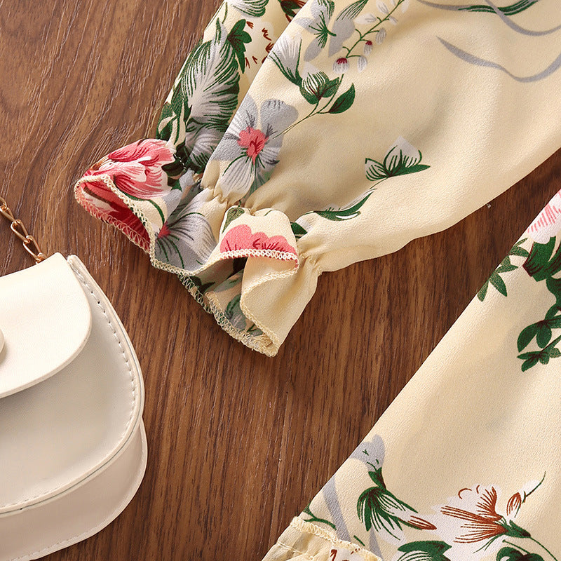 Kid Girl  Korean Long Sleeves Retro Autumn Flower Dresses