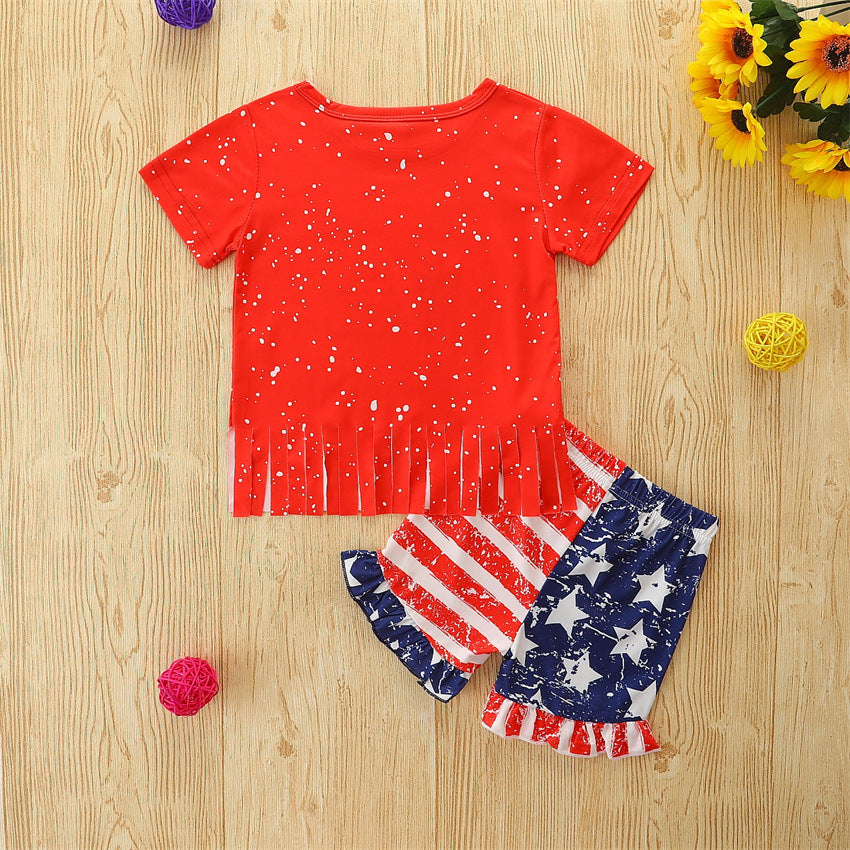 KidGirls Summer Independence Day Set Short Sleeve Striped Star 2 Pcs