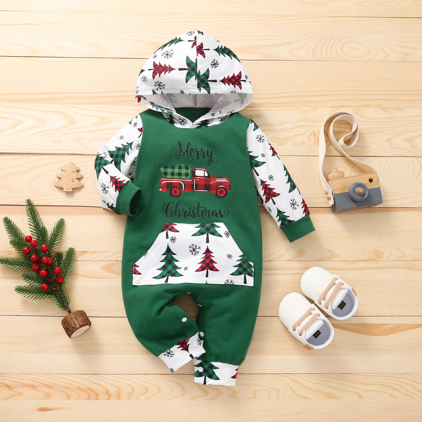 Baby Girl Christmas Hooded Long-sleeved Climbing Rompers