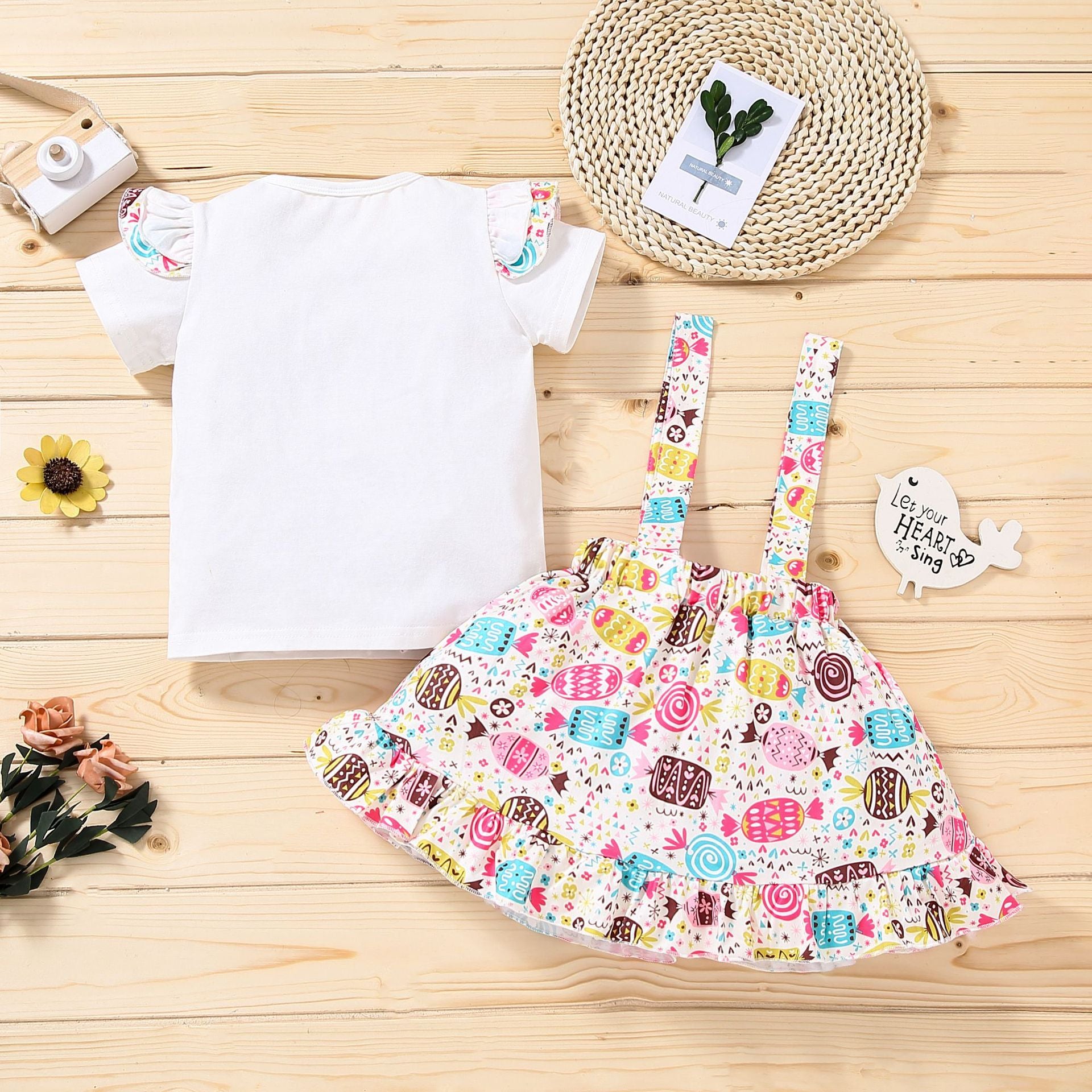 Baby Kid Girl Easter Bunny Floral Letter Flying Sleeves Braces Sets 2 Pcs