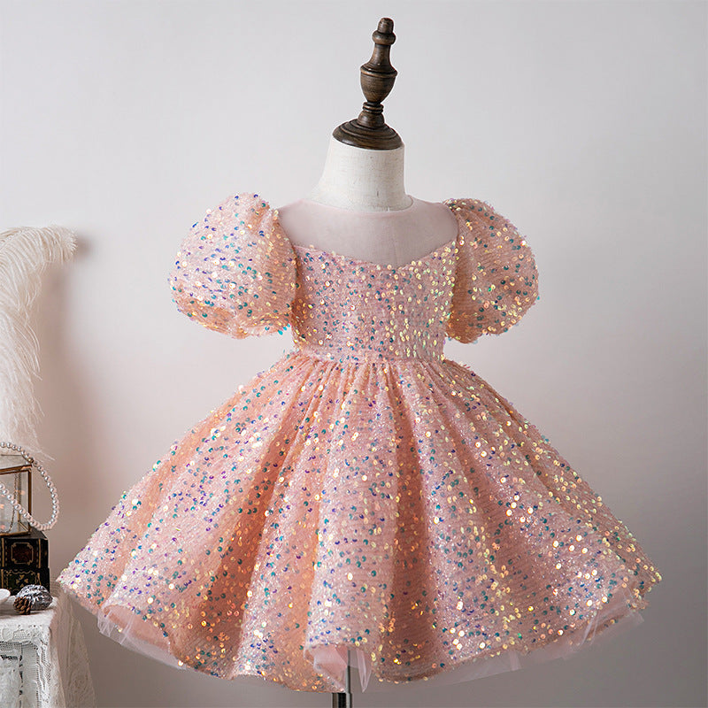 Kid Baby Girl Sequin Bubble Sleeve Princess Performance Dress