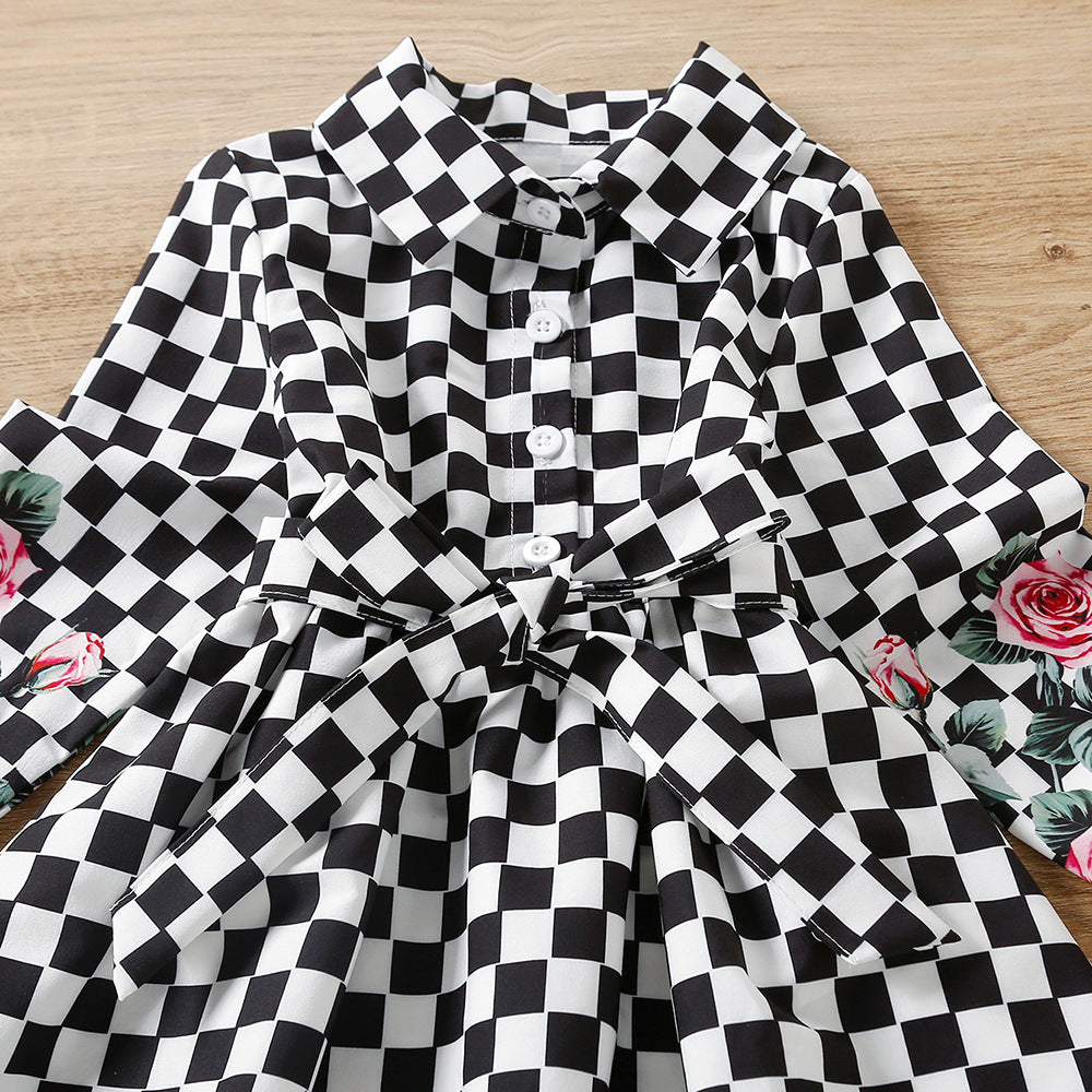 Toddler Kid Baby Girl Checkered Floral Print Princess Spring Autumn Dress