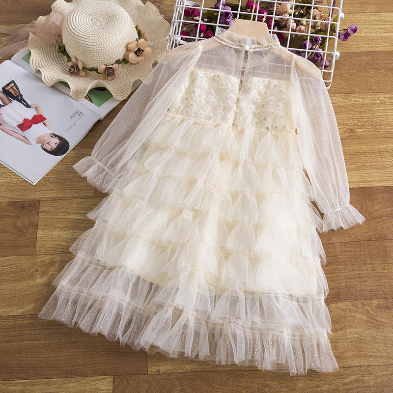 3-8T Kid Girl Floral Embriodery Flower Ruffle Layered Party Tulle Dresses