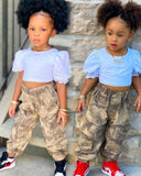 Kid Baby Girl Round Collar Bubble Sleeves Camouflage 2 Pcs Sets