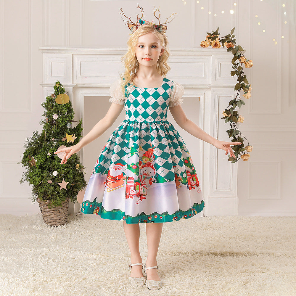 Kid Baby Girl Santa Claus Snow Forge Printed Cotton Christmas Dresses