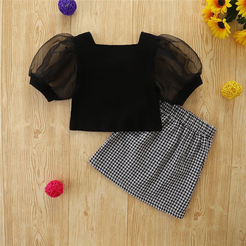 Toddler Kids Baby Girls Summer Sets Black Short Sleeve Square 2 Pcs Sets