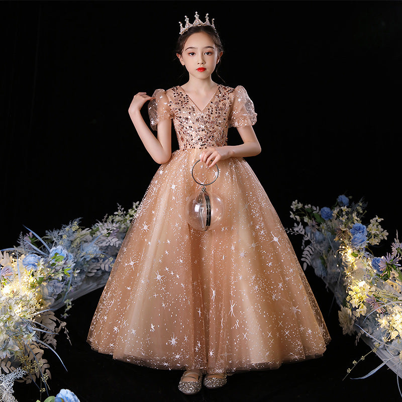 Kid Girls Princess Fashionable Puff Piano Performance Dress