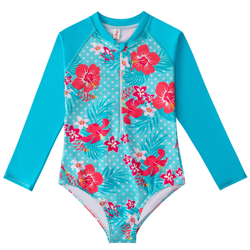 Kid Girls Middle Sunscreen Swimsuit Long-sleeved One-piece Swimwear