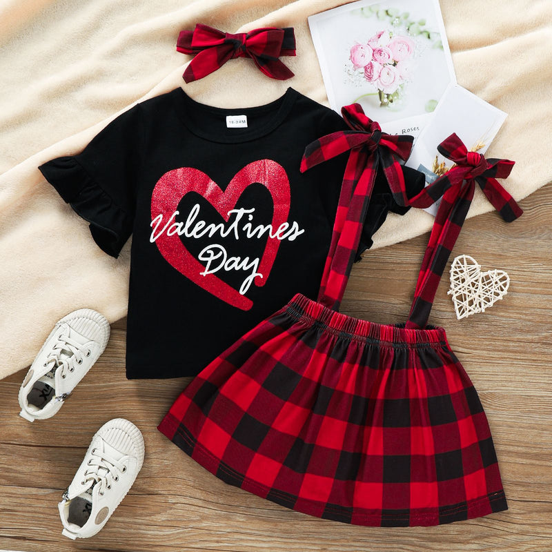 Kid Baby Girl Valentine's Day Love Short Sleeve 3 Pcs Sets